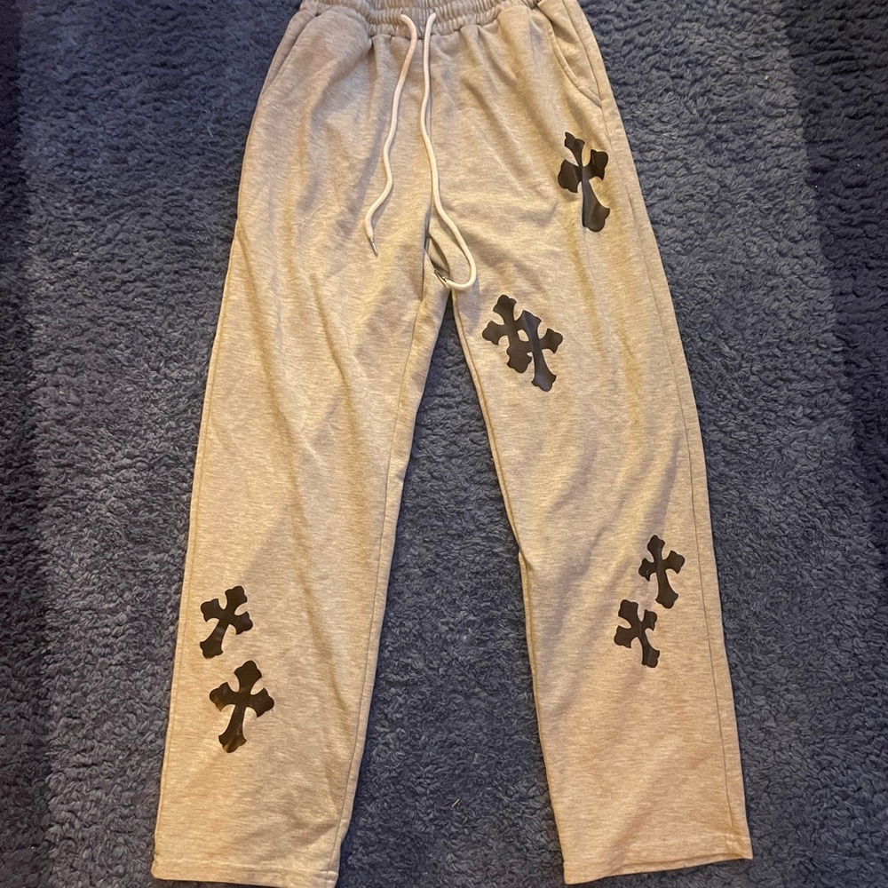 Gray Sweatpants with Black Cross Design